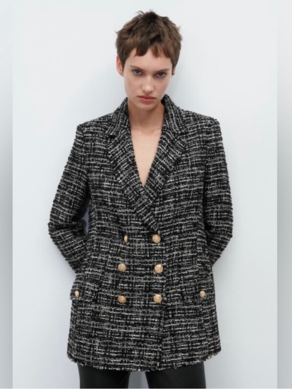 ZARA Double-Breasted Textured Tweed Blazer Jacket XS Black White Gold Buttons